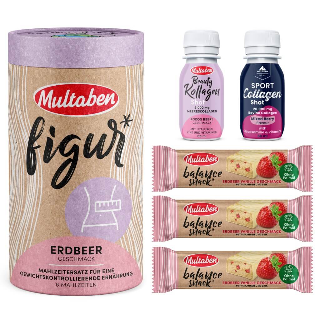 Beerenmix Bundle mit einem Figur Shake Erdbeere, einem Kollagen Shots Kokos Beere, einem Kollagen Shot Beerenmix und drei Proteinriegeln Erdbeer-Vanille
